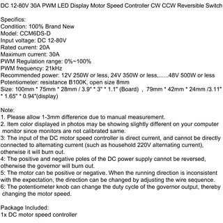 DC 12-80V 30A Digital Display LED PWM HHO RC Motor Speed Regulator Controller