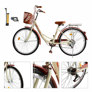 26-Inch 7-Speed Women's Cruiser Bike – Classic City Bicycle with Spoke Wheels (Cream)