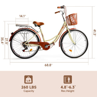 26-Inch 7-Speed Women's Cruiser Bike – Classic City Bicycle with Spoke Wheels (Cream)