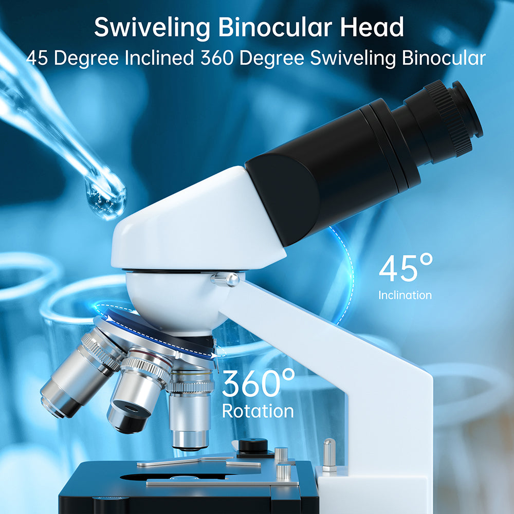 Advanced Binocular Microscope with 6 Magnification Settings – 40X-2500X, Widefield Eyepieces, and LED Lighting