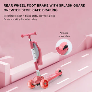 Convertible 2-in-1 Kids Scooter – Foldable Seat, LED Wheels, 3-Height Bar (Pink)