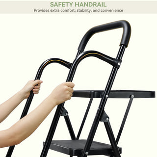 330 lbs Capacity Heavy Duty Steel Step Stool Folding Portable Safety Ladder for Home Kitchen Office 26" x 38" Wide Non-Slip Pedal Black 5-Step Ladder with Handrail & Tool Tray