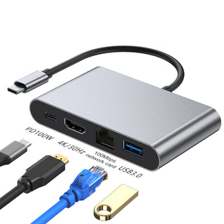 4 in 1 Docking Station TYPE-C to RJ45 100M HDMI USB3.0 PD Interface Hub Adapter