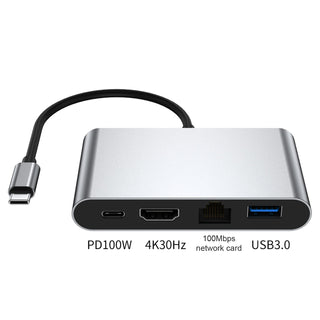4 in 1 Docking Station TYPE-C to RJ45 100M HDMI USB3.0 PD Interface Hub Adapter