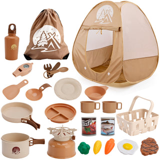 Cooking Tools Indoor and Outdoor Gift for Boys Girls Kids Camping Set with Tent Tableware Basket 25Pcs Forest Adventure Pretend Play Set