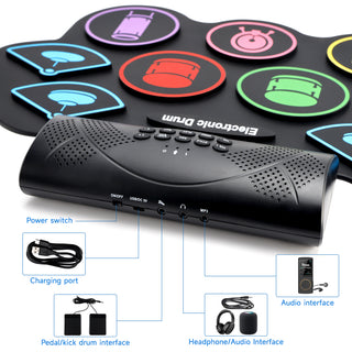 Hand Roll Drum Set 9-Pad Drum Built-in Stereo Speakers Foot Pedal Birthday Gift