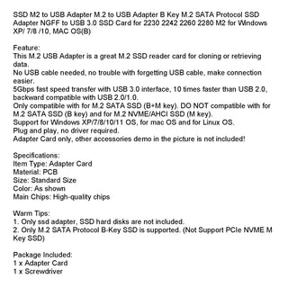 M.2 to USB Adapter B Key M.2 SATA Protocol SSD Adapter for 2230 2242 2260 2280