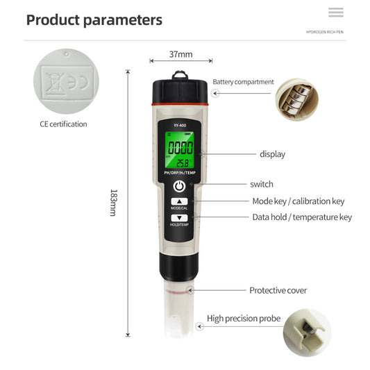 Portable 4 In 1 Hydrogen-Rich Test Pen PH/ORP/TEMP Water Quality Meter Tester