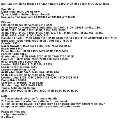 Ignition Switch W/2 Keys Fits John Deere AT195301 210C 210K 250 300D 310C 310D