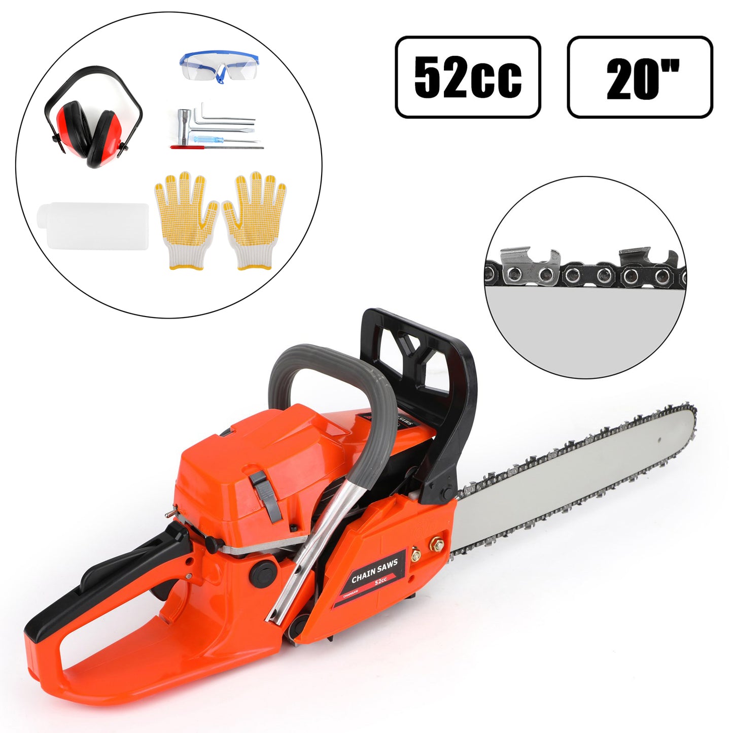 52cc Chainsaw 20inches Bar Powered Engine 2 Cycle Gasoline Chain Saw Orange