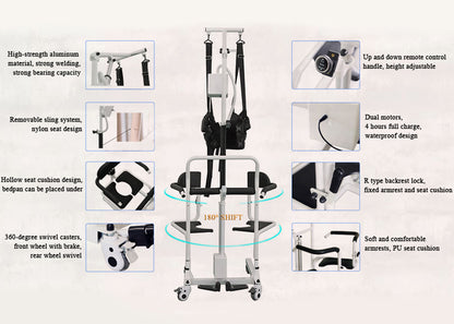 Electric Transfer Chair Patient Lift (4 in 1) for Home 180° Split Seat 330 lbs Load-Bearing for Elderly Disabled Handicapped Full Body Sling Portable