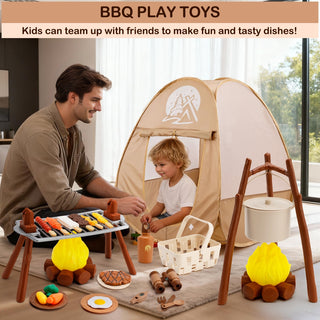 Binoculars Cooking Tools Kids Camping Set with Tent Indoor and Outdoor Gift for Boys Girls 34Pcs Camping Pretend Play Set with Light-Up Campfire Grill