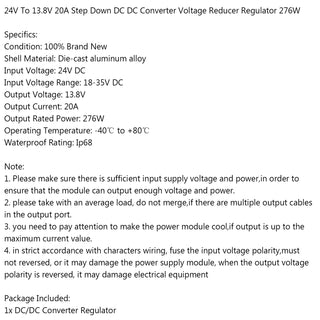 Areyourshop WaterProof 24V to 13.8V 20A 276W Step Down DC/DC Power Converter Regulator