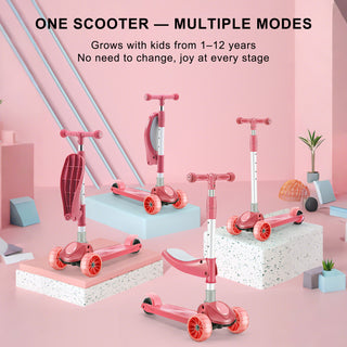 2-in-1 Pink Kids Scooter – Folding Seat, LED Light-Up Wheels, Adjustable Height