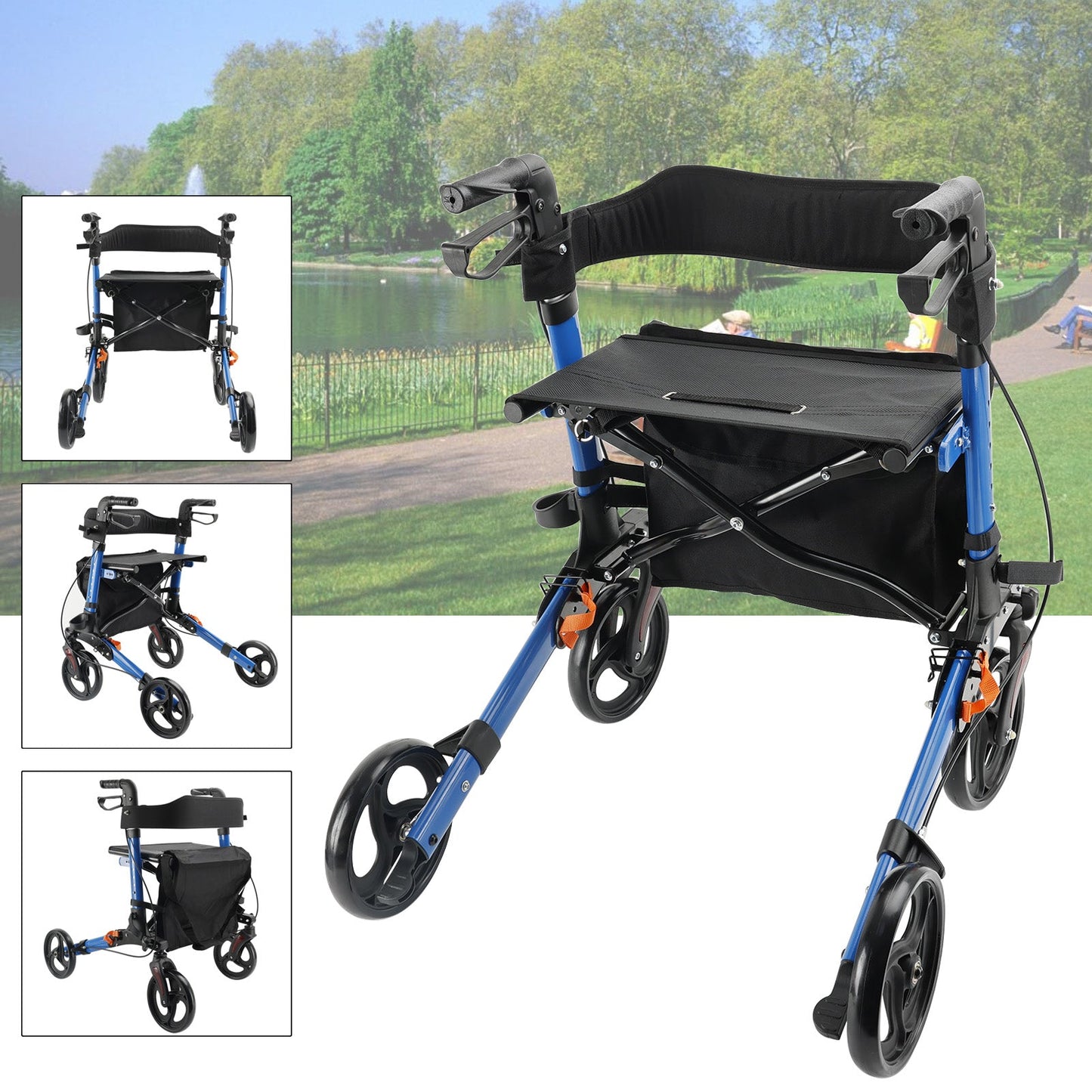 Foldable Rollator Walker with 6 levels of Adjustable Seat 8 Wheels Compact Folding Design Lightweight Mobility Walking Aid suitable for people of different heights