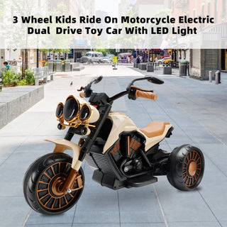 3 Wheel Kids Ride On Motorcycle Electric Dual Drive Toy Car With LED Light Brown