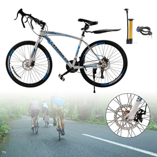 26" 27-Speed White-Blue Road Bike with Suspension & Disc Brakes