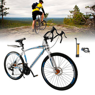 26" 27-Speed White-Blue Road Bike with Suspension & Disc Brakes