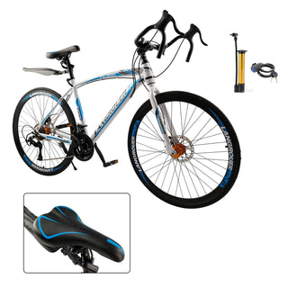 26" 27-Speed White-Blue Road Bike with Suspension & Disc Brakes