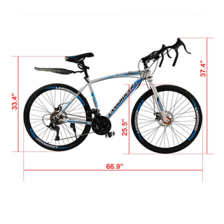 26" 27-Speed White-Blue Road Bike with Suspension & Disc Brakes