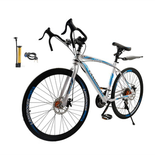 26" 27-Speed White-Blue Road Bike with Suspension & Disc Brakes
