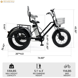 500W 48V 13A Electric Tricycle 3 Wheel Fat Tire E-Bike Snow