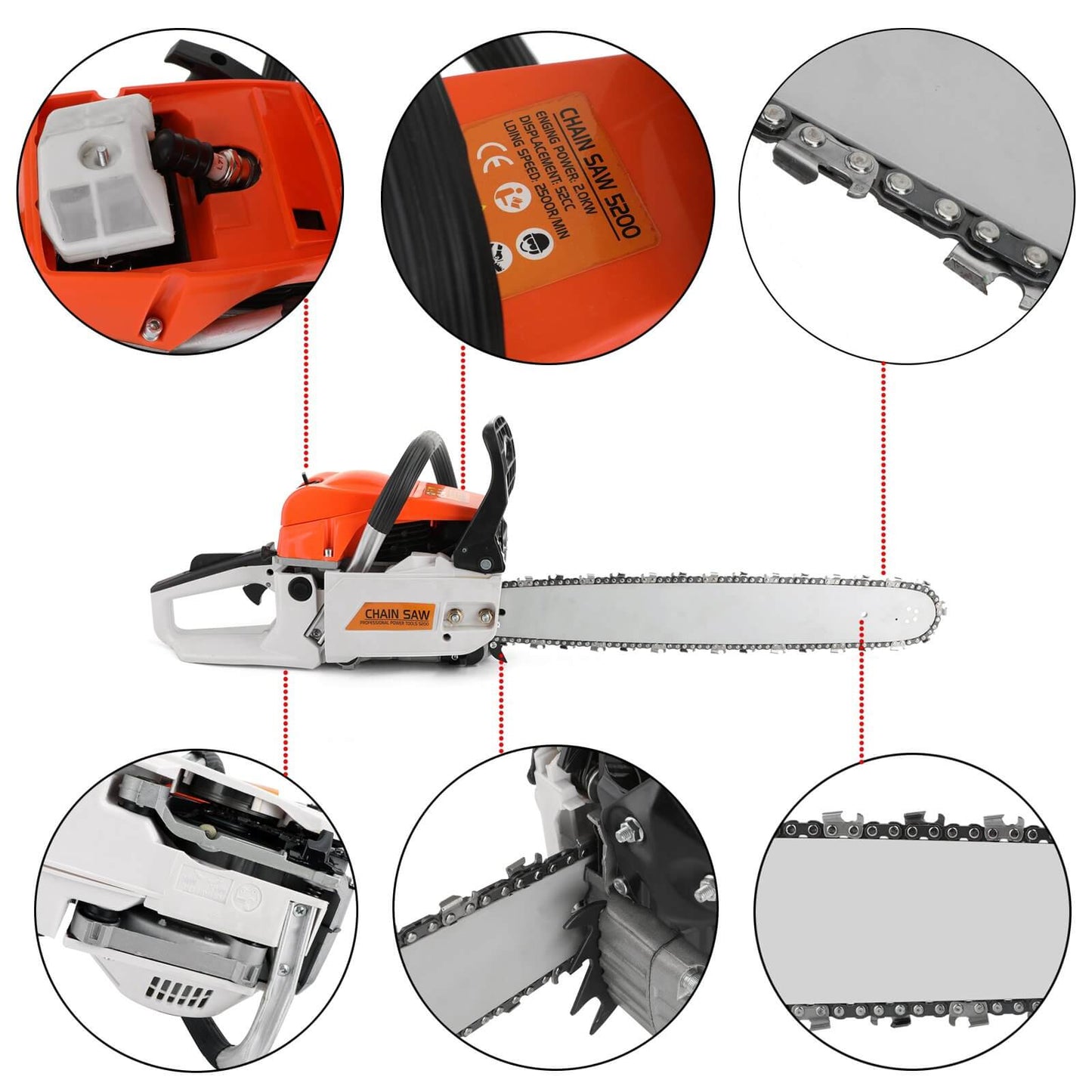 20'' 52CC Best Gasoline Chainsaws Cutting Wood Aluminum Chain Saws for Sale