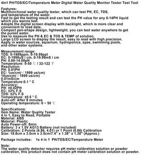 4In1 PH/TDS/EC/Temperature Meter Digital Water Quality Monitor Tester Test Tool
