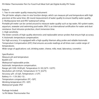 PH Meter Thermometer Pen For Food Fruit Meat Soil Lab Digital Acidity PH Tester