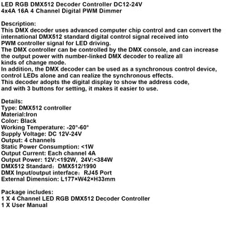 LED RGB DMX512 Decoder Controller DC12-24V 4x4A 16A 4 Channel Digital PWM Dimmer