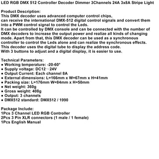 LED RGB DMX 512 Controller Decoder Dimmer 3Channels 24A 3x8A Stripe Light