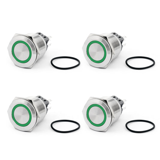 4PC 25mm 24V Green LED Momentary Push Button Switch Stainless Steel Ring For Car