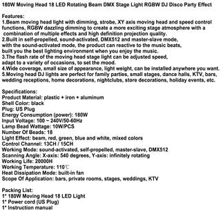 Moving Head Beam Light 180W Moving Head Light RGBW 360°Rotation DJ Lights DMX 512 with Sound Activated