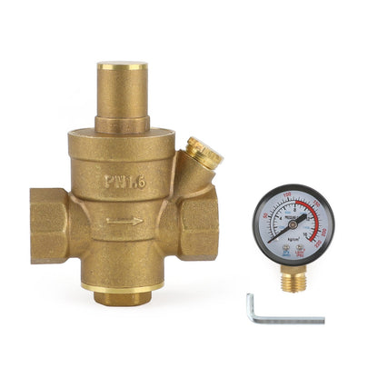 DN15 Brass Adjustable 1/2" Water Pressure Regulator Reducer With Gauge Meter Generic