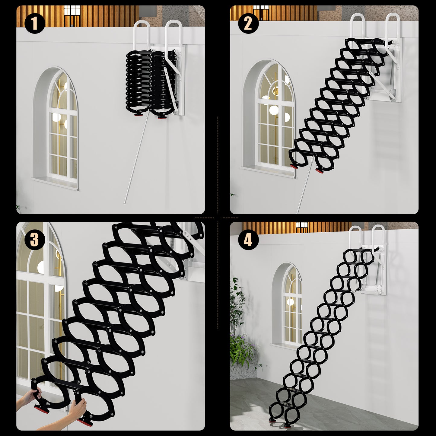 12 Steps Wall Mounted Folding Ladder, Black Loft Attic Stairs,Pull Down Wall Mounted attic Folding Staircase