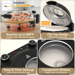 Electric Pizza Maker–12 Inch Electric Pizza Oven Indoor Countertop Maker with Ceramic Stone Heats up to 800˚F
