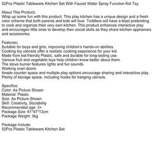 52Pcs Plastic Tableware Kitchen Set With Faucet Water Spray Function Kid