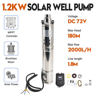 3" 72V 1.2KW MPPT Screw Solar Bore Pump Submersible Deep Well Hole Head 180M3" 72V 1.2KW Deep Well Solar Submersible Bore Hole Water Pump Head 180M