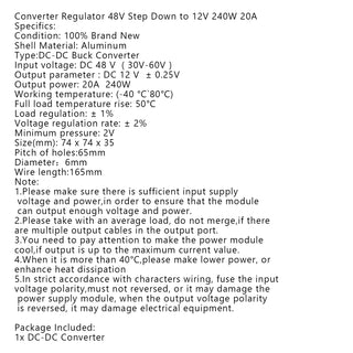 Waterproof DC/DC Converter Regulator 48V Step Down to 12V 240W 20A