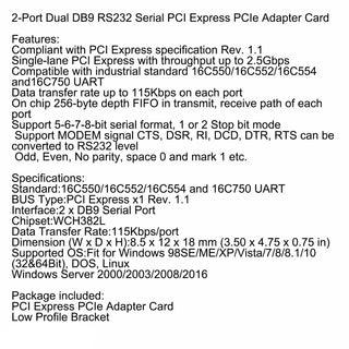 PCIE To 2-Port Dual RS232 Serial PCI-E Extender Board Adapter Card WCH382 Chip