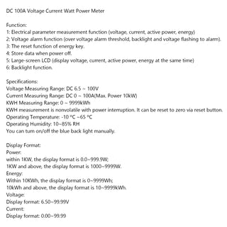 100A DC Digital Watt KWH Current Power Energy Meter Ammeter Voltmeter 100V