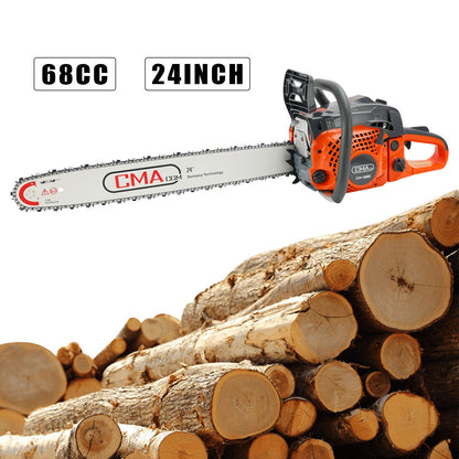 24" 68CC Gasoline Chainsaw Cutting Wood Gas Sawing Aluminum Crankcase Chain Saw