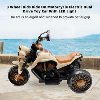 3 Wheel Kids Ride On Motorcycle Electric Dual Drive Toy Car With LED Light Brown