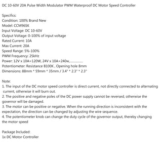 Areyourshop DC6-60V 12V 24V 36V 48V 30A PWM DC Motor Speed Controller Start Stop Switch