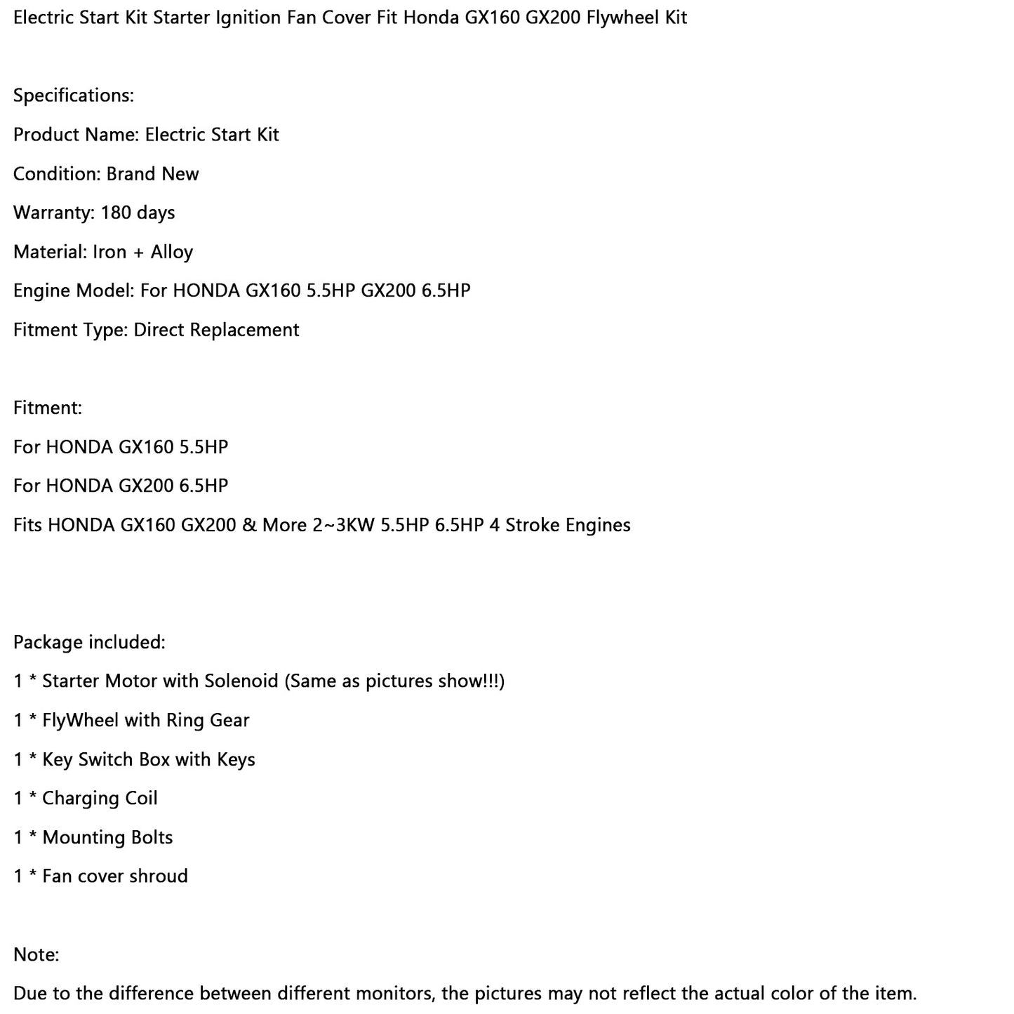 Electric Start Kit Starter Ignition Fan Cover Fit Honda GX160 GX200 Flywheel Kit