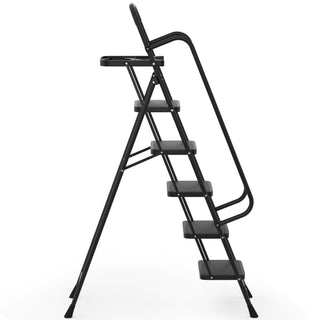 330 lbs Capacity Heavy Duty Steel Step Stool Folding Portable Safety Ladder for Home Kitchen Office 26" x 38" Wide Non-Slip Pedal Black 5-Step Ladder with Handrail & Tool Tray