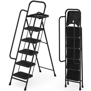330 lbs Capacity Heavy Duty Steel Step Stool Folding Portable Safety Ladder for Home Kitchen Office 26" x 38" Wide Non-Slip Pedal Black 5-Step Ladder with Handrail & Tool Tray