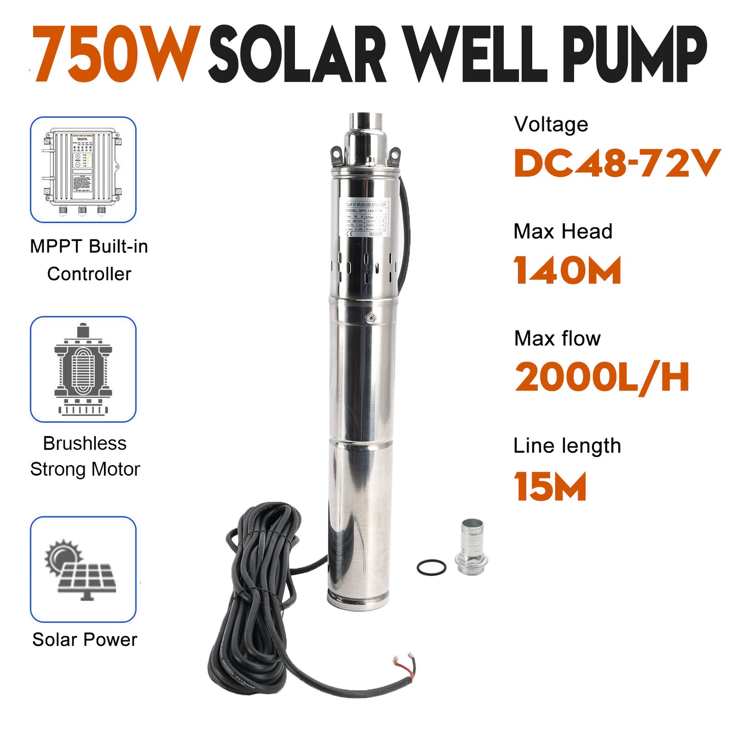 3" 48V 750W MPPT Screw Solar Bore Pump Submersible Deep Well Maximum Head 140M

3" 48V 750W Deep Well Solar Submersible Bore Hole Water Pump Built-in MPPT