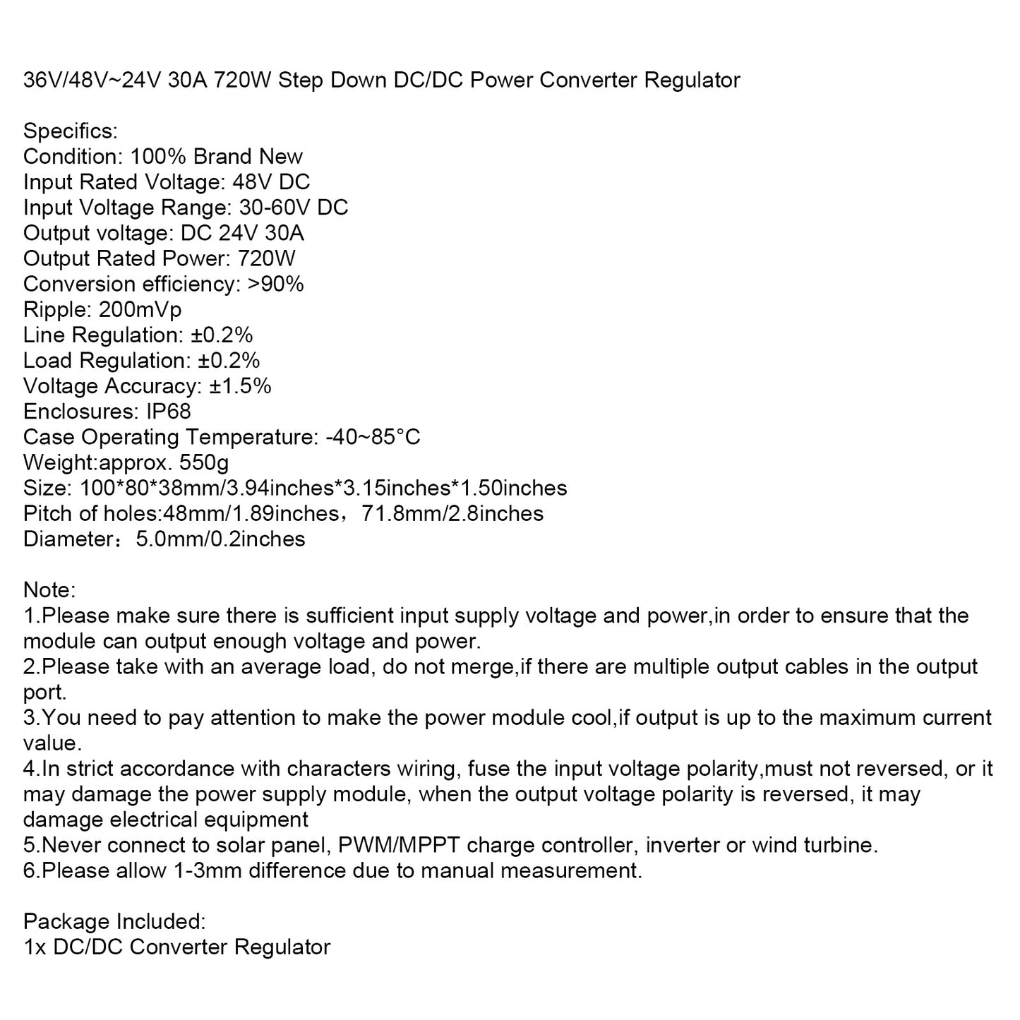 Waterproof DC 36V/48V to 24V 720W 30A Step-Down Power Supply Converter Regulator