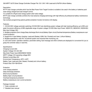 30A MPPT AUTO Solar Charge Controller Charger 12V/24V/48V with Color LCD Display